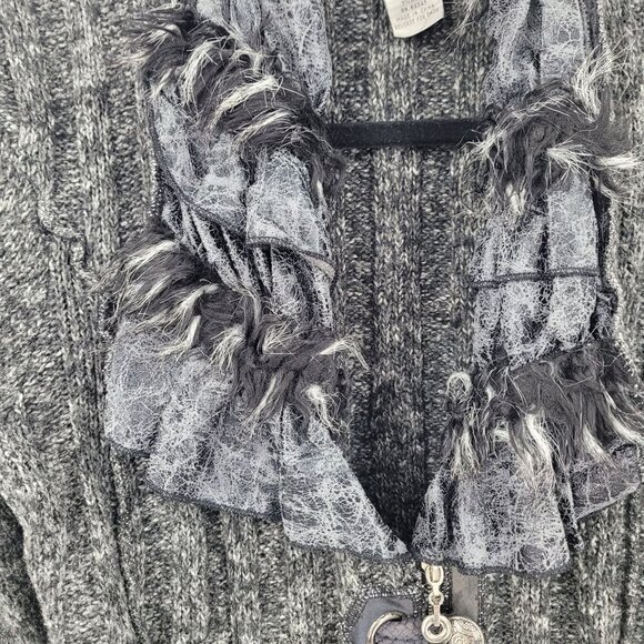 Vtg 90s Gothic Ruffled Knit Cardigan Sweater Sz L Faux Fur Trim Witchy Punk - Picture 2 of 11
